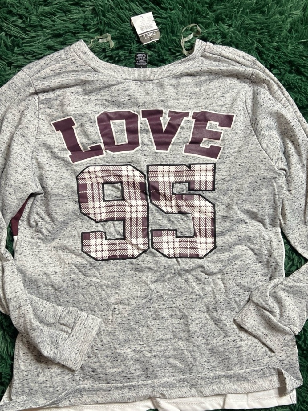 Rue21 Grey Crewneck Sweater with Maroon LOVE & Plaid 95
